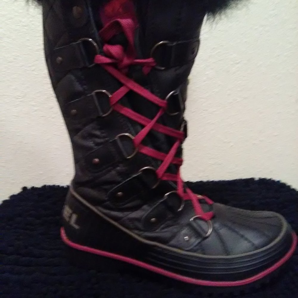 Sorel Black Winter Faux Fur Side Twist Lace-up Boots Size 7 - Picture 7 of 12